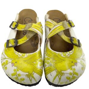 Calceo Mary Jane Clogs Slide Bird Print Comfort Size 36 US 5.5 White Yellow Flat